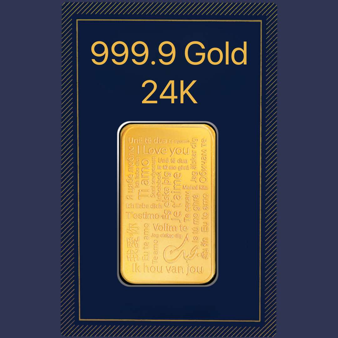 # 24k I Love You in World Languages 999.9 Solid Pure Yellow Gold Bar