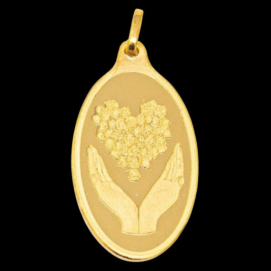 # 24K Yellow Gold Flower Heart Shaped with Hand Holding Design 999.9 Pure Solid Pendant/Charm